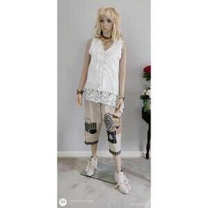 Custom Upcycled Crop Pants Tan Black Boho Shabby Chic Patches Bird Flowers OOAK